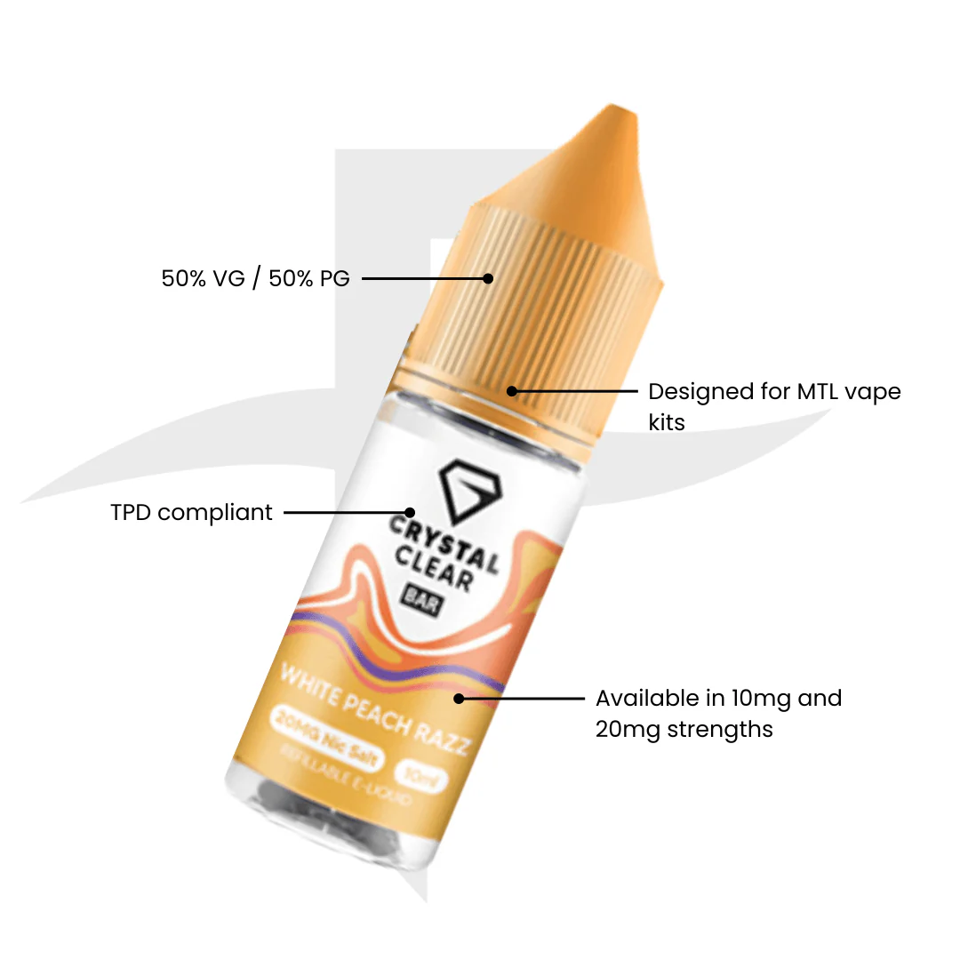 Crystal Clear Bar Nic Salts 10ml - White Peach Razz - Image 2